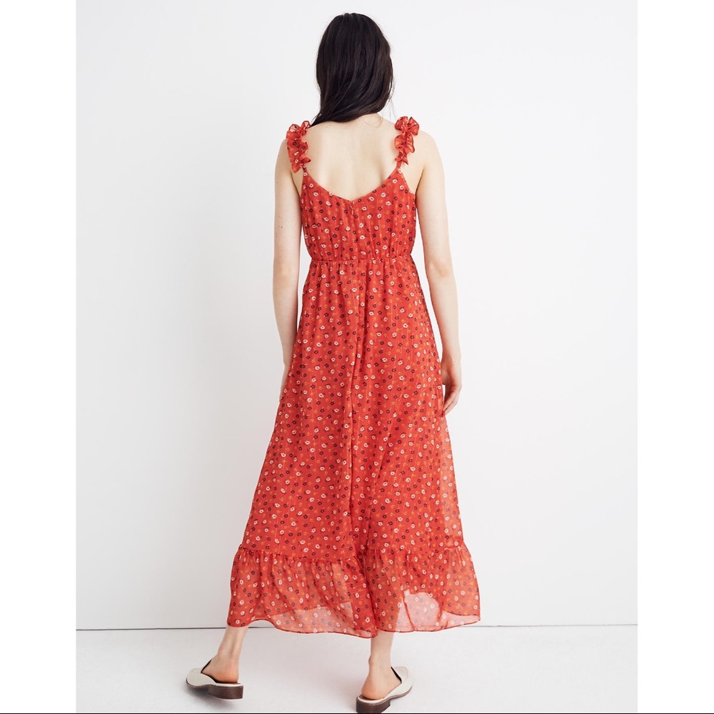 MADEWELL Ruffle-Strap Wrap Dress in Metallic-Striped Prairie Posies red - Picture 4 of 13